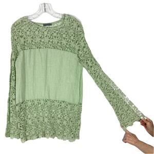 NWOT PIAZZA DEL TEMPIO Blouse M ITALY Green Linen Floral Crochet Long-Sleeve